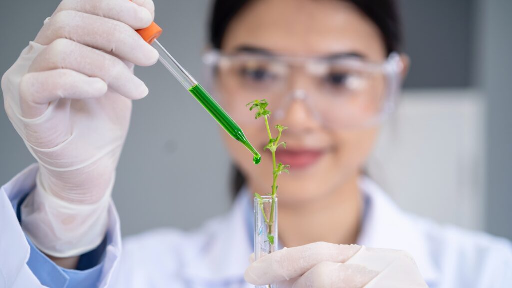 a scientist adding green liquid to a plant sample in a test tube